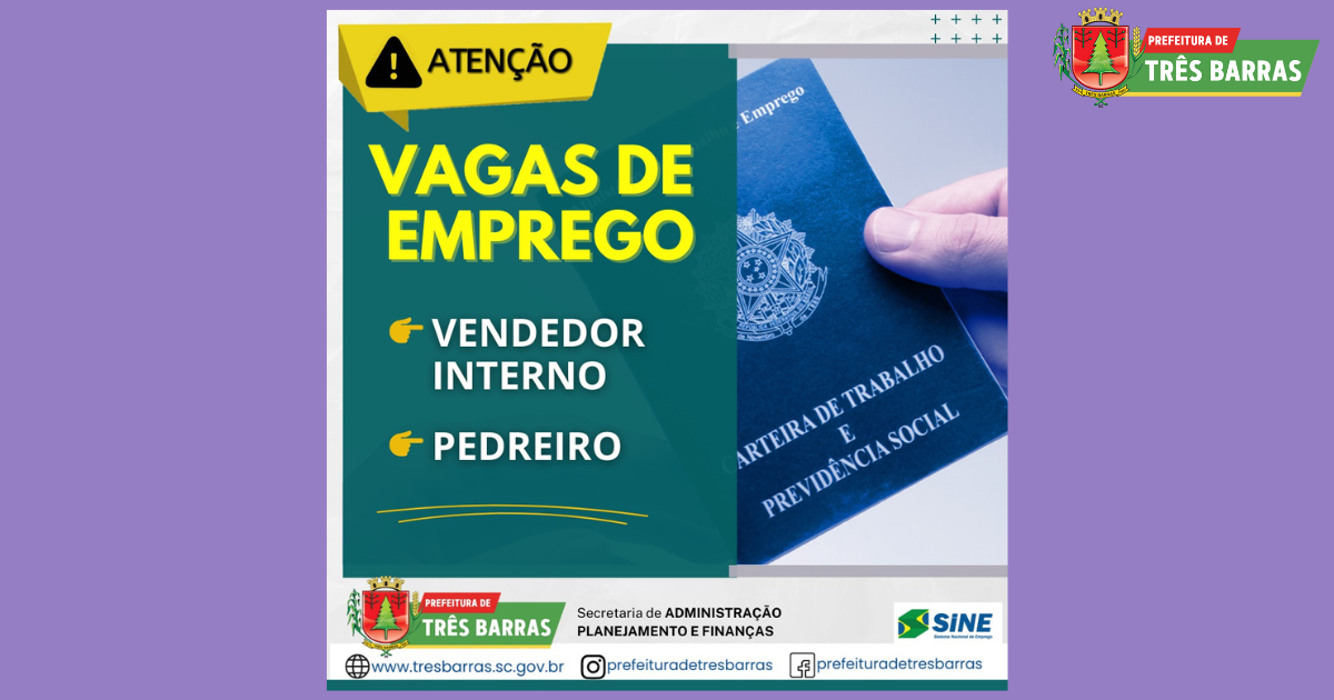 SINE de Três Barras dispõe de vagas para vendedor interno e pedreiro