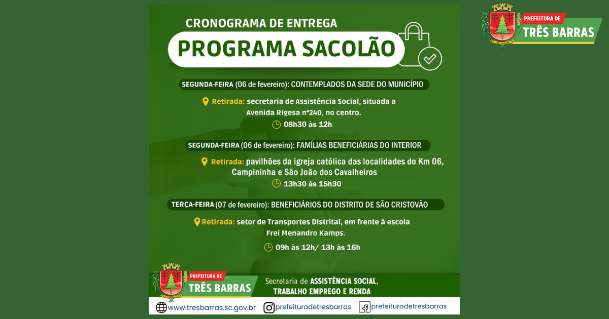 Três Barras: entrega dos sacolões acontece na próxima segunda e terça-feira