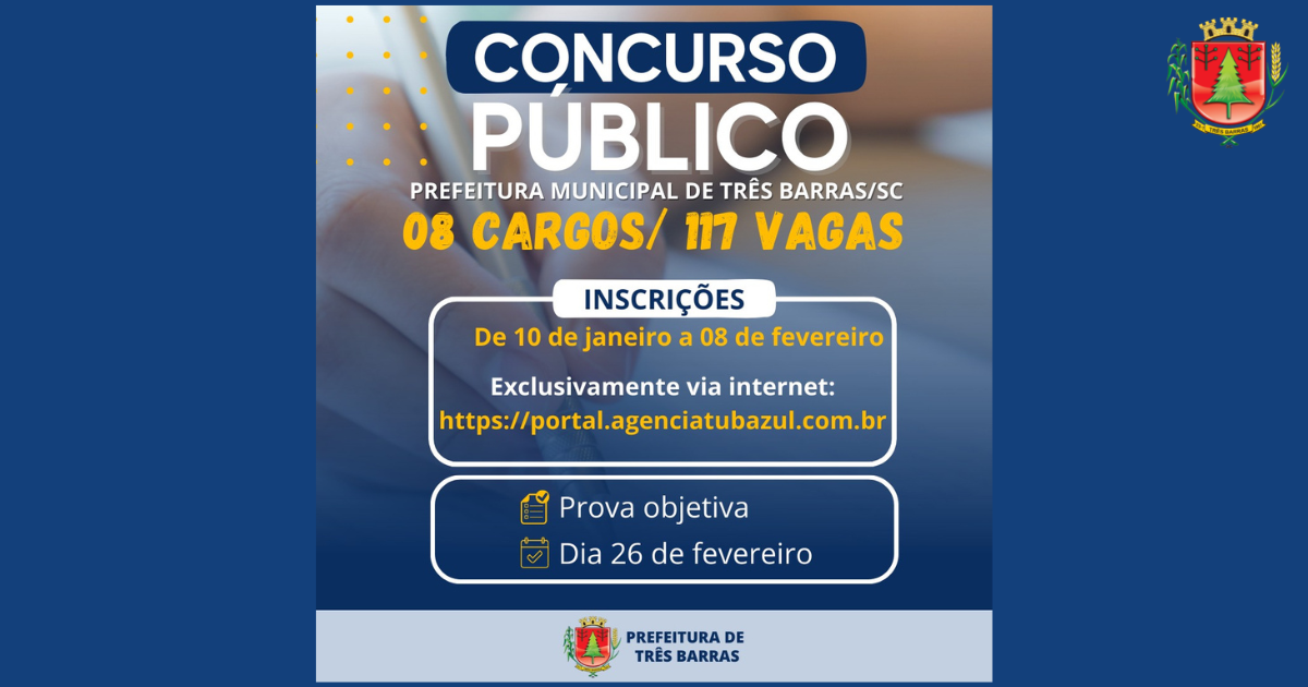 Três Barras terá concurso público para oito cargos; inscrições abrem dia 10 de janeiro