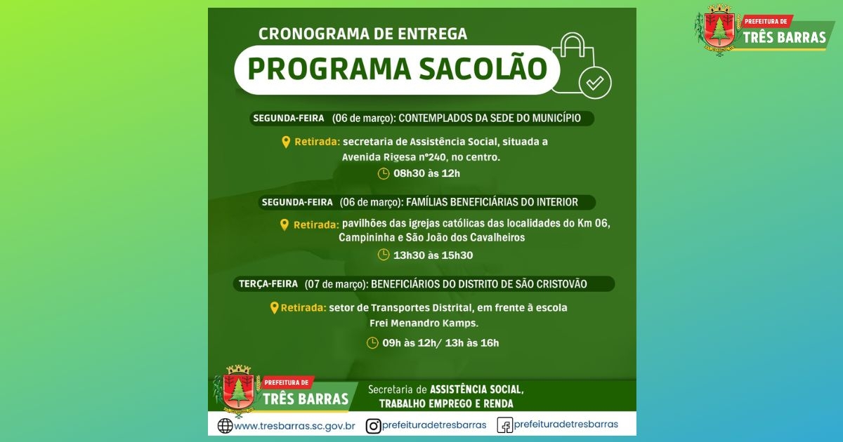 Beneficiários receberão sacolões na próxima segunda e terça-feira
