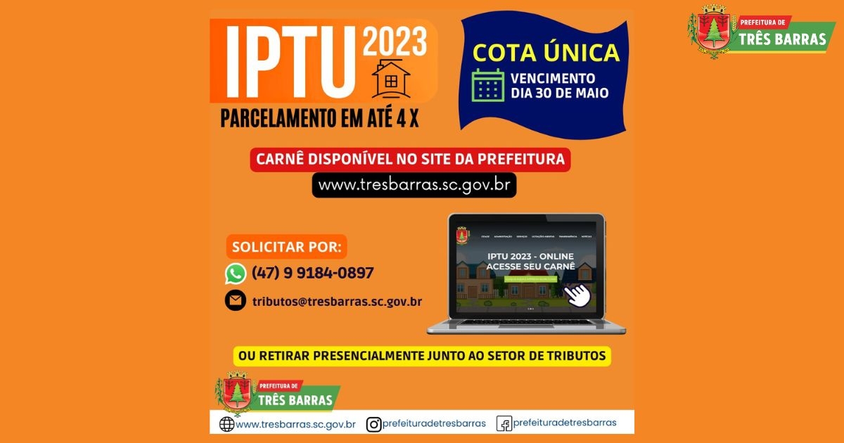 Carnês do IPTU 2023 podem ser retirados pelo site da Prefeitura ou solicitados por WhatsApp e e-mail