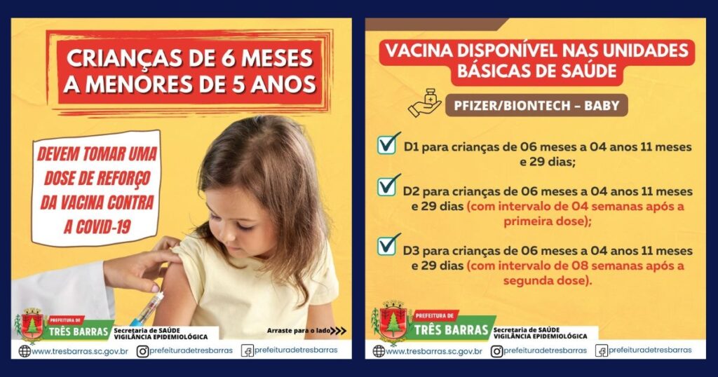 Crianças de 06 meses a menores de 05 anos já podem tomar a D3 da vacina contra a covid-19