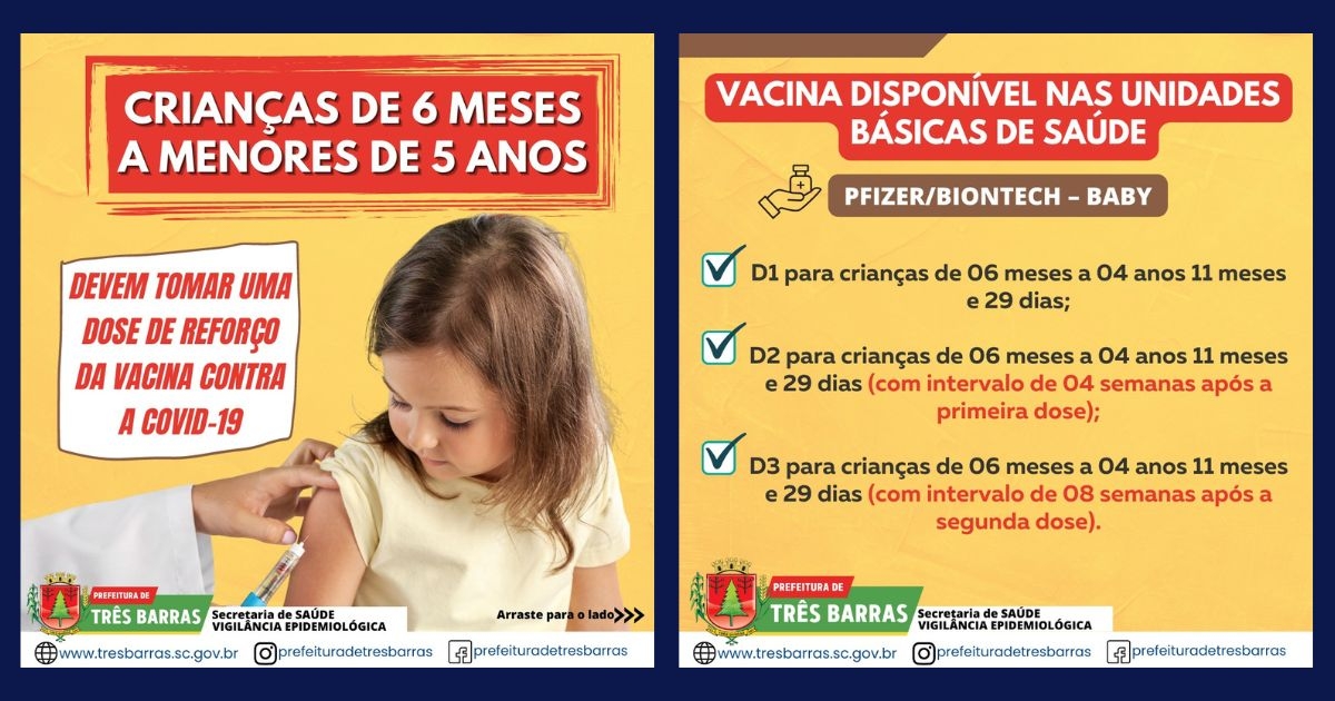 Crianças de 06 meses a menores de 05 anos já podem tomar a D3 da vacina contra a covid-19