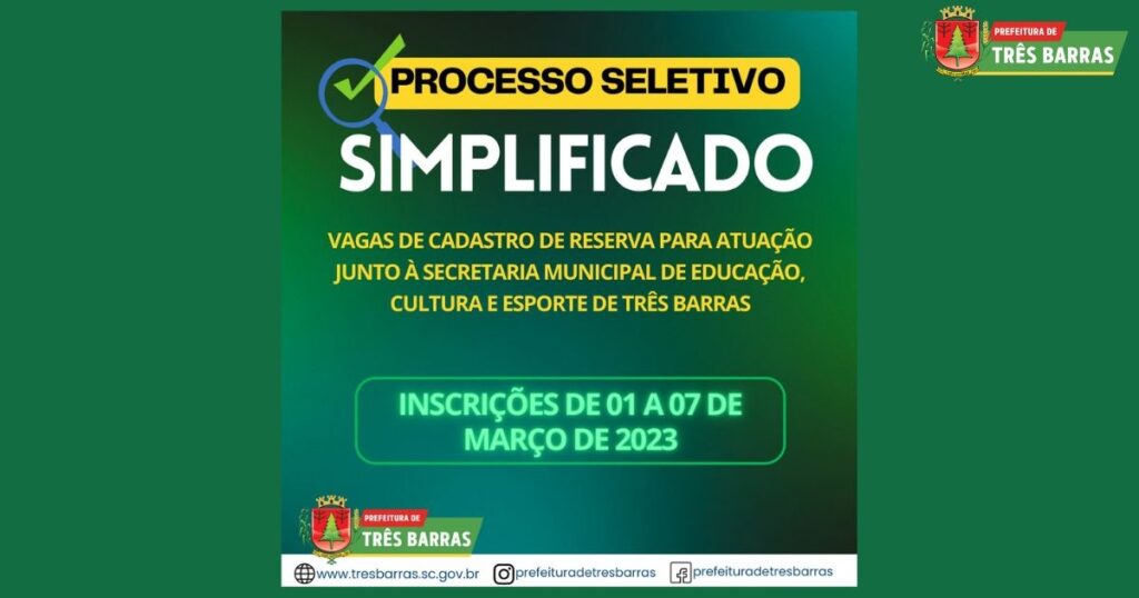 Processo seletivo: Três Barras abre vagas para cadastro de reserva junto à secretaria de Educação, Cultura e Esporte