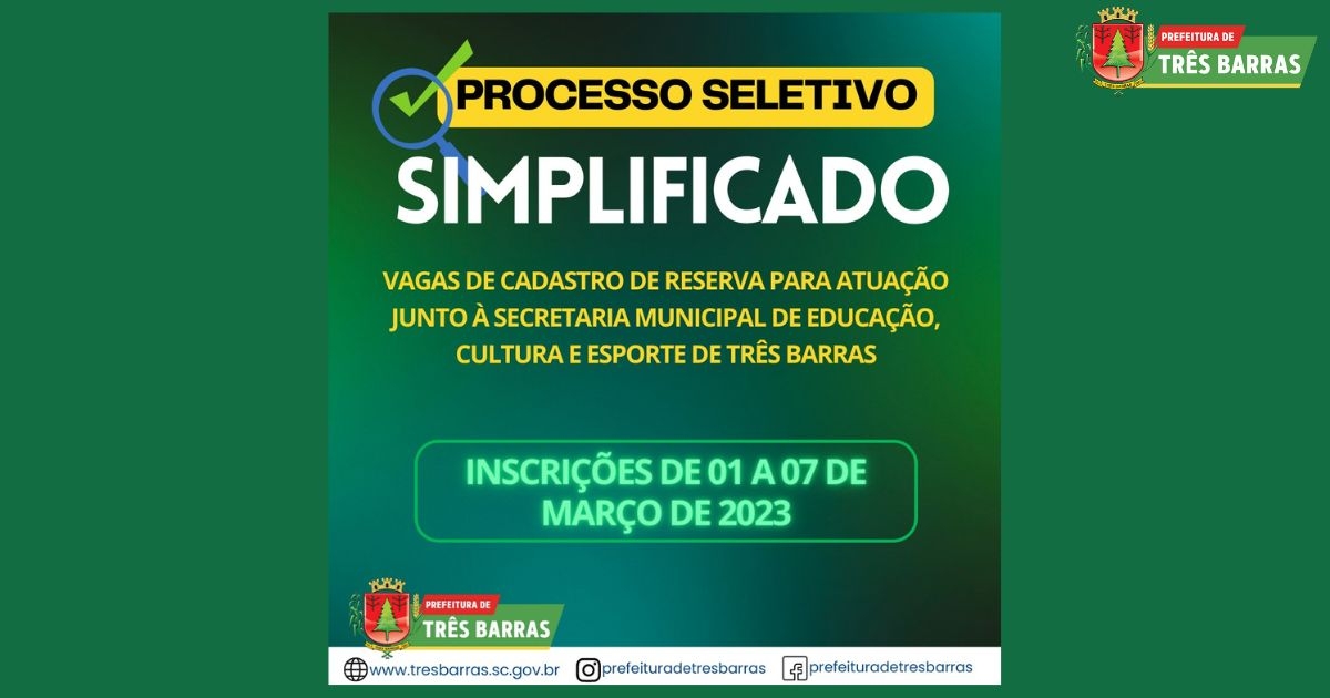 Processo seletivo: Três Barras abre vagas para cadastro de reserva junto à secretaria de Educação, Cultura e Esporte