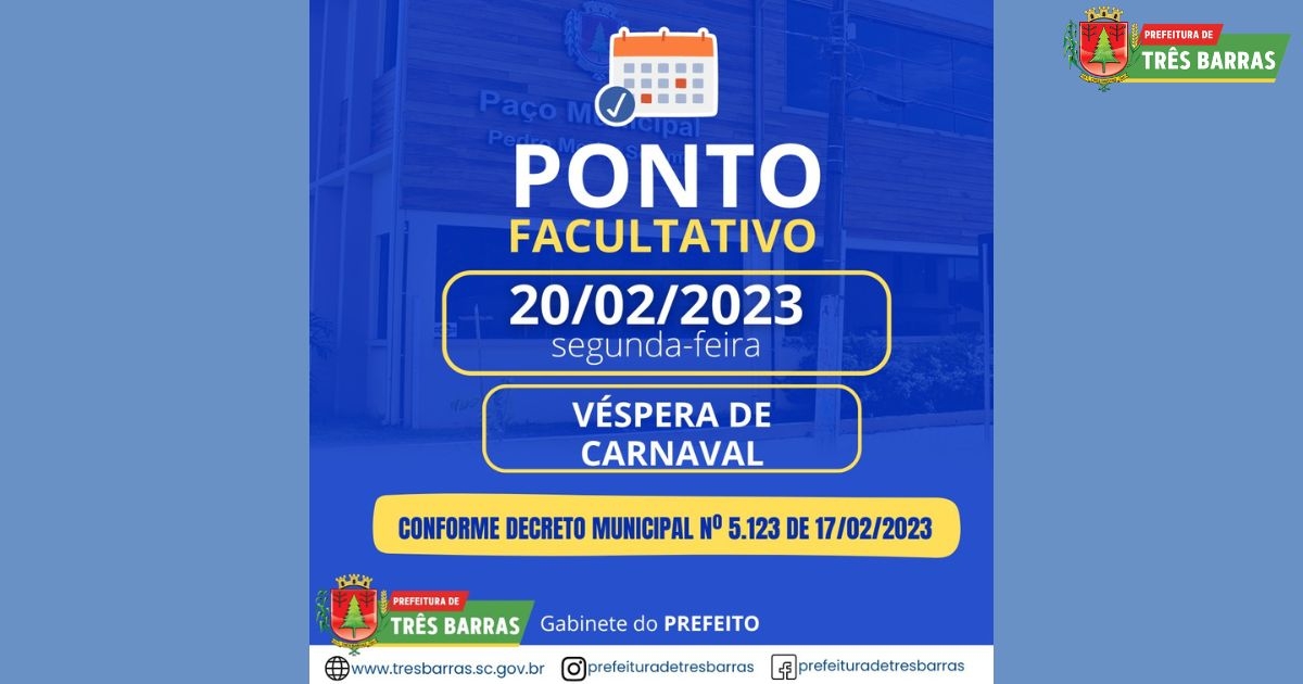 Segunda-feira será ponto facultativo nas repartições públicas municipais