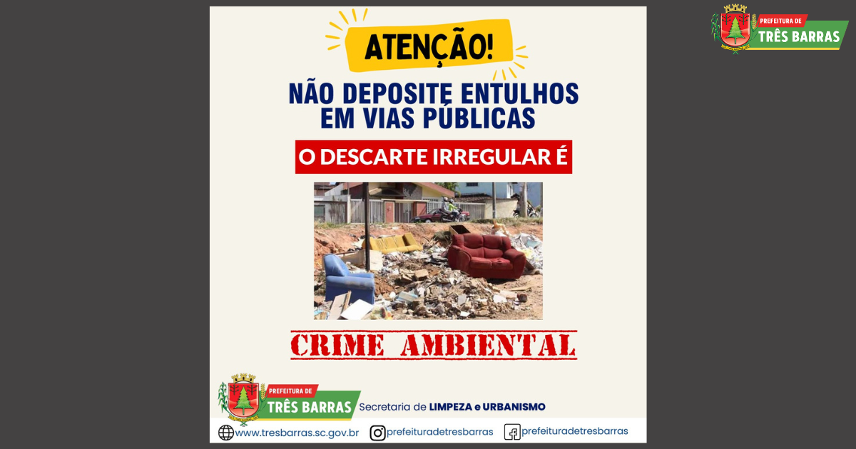 Município alerta população de que descarte irregular de entulhos é crime ambiental