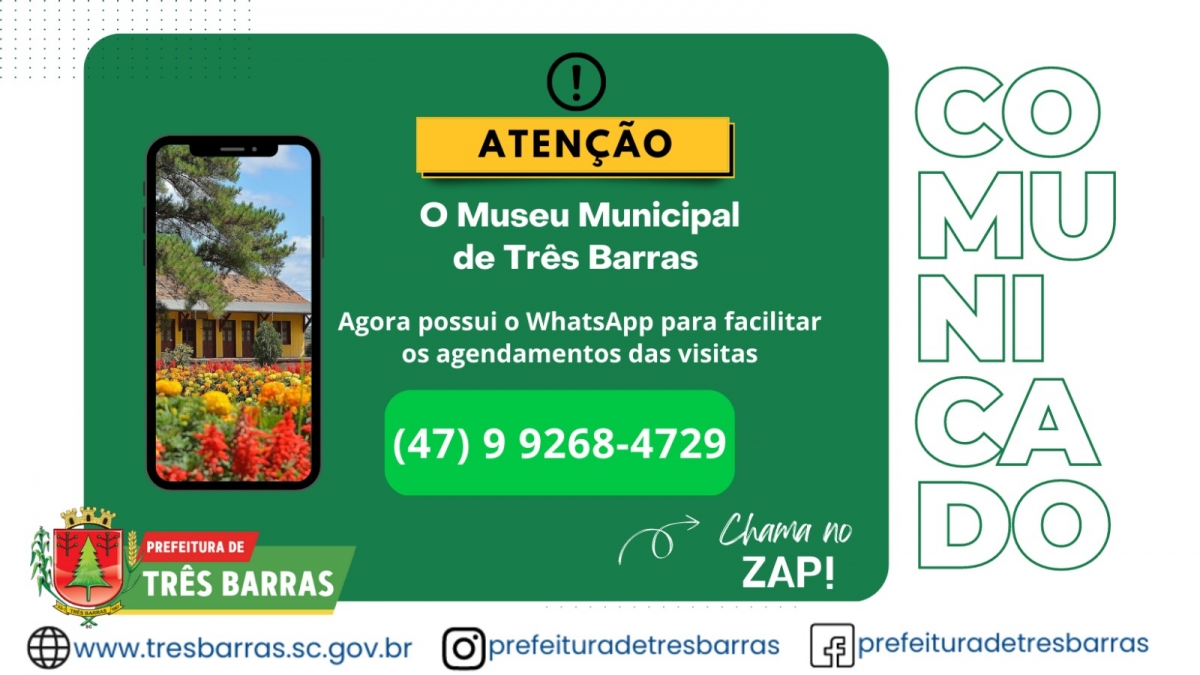 MUSEU MUNICIPAL DE TRÊS BARRAS DIVULGA WHATSAPP PARA AGENDAMENTO DE VISITAS