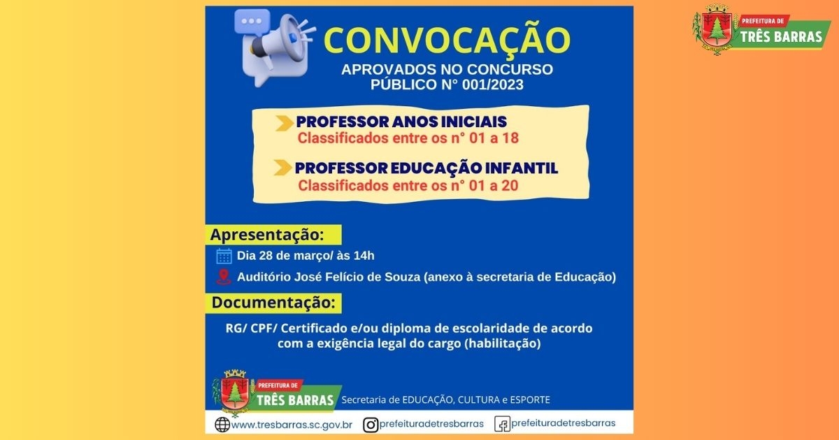 Prefeitura convoca professores de anos iniciais e educação infantil aprovados em concurso público em Três Barras