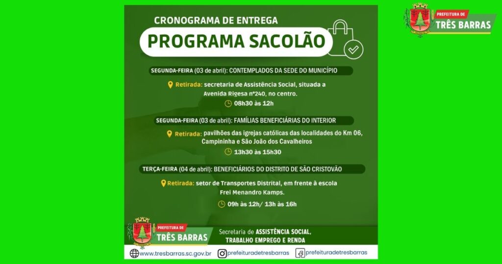 Segunda e terça-feira acontece a entrega de sacolões a beneficiários de Três Barras