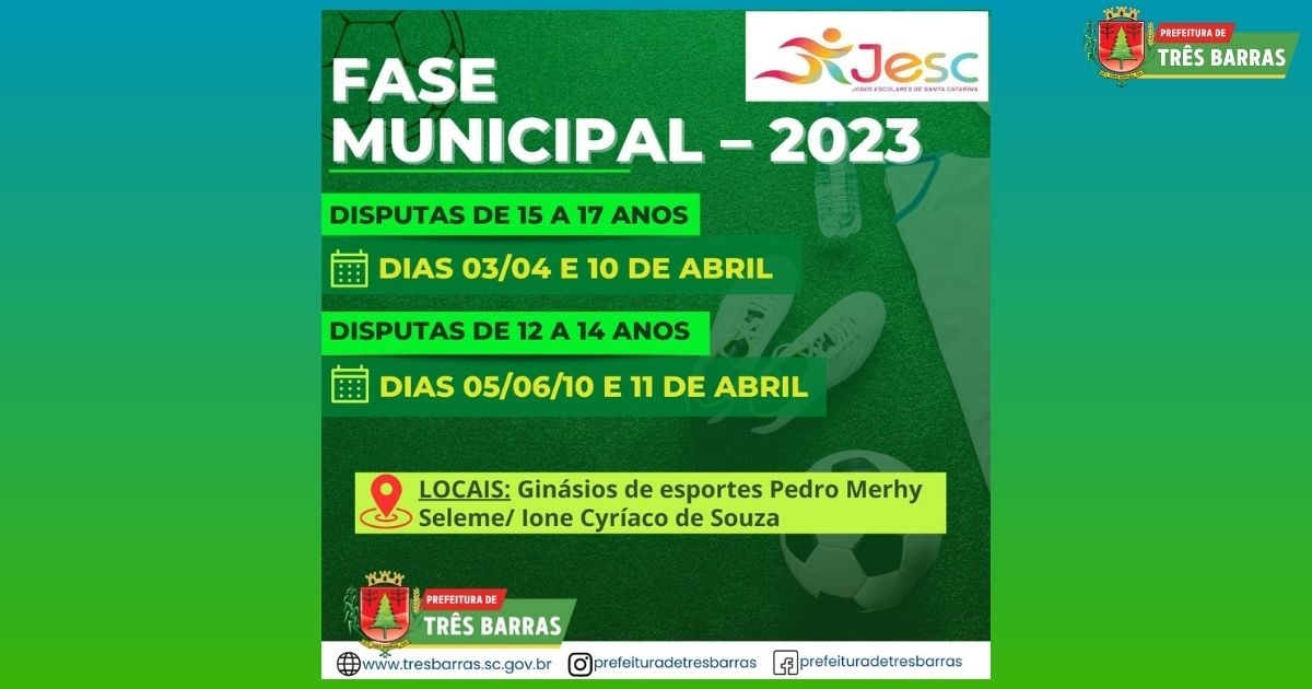 Três Barras divulga tabelas da etapa municipal do JESC que acontece entre os dias 03 e 11 de abril