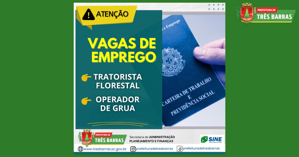 40 vagas: SINE de Três Barras intermedia a contratação de tratoristas florestais e operadores de grua