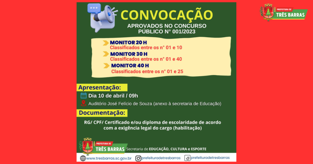 Município de Três Barras convoca candidatos aprovados para os cargos efetivos de monitor 20h, 30h e 40h