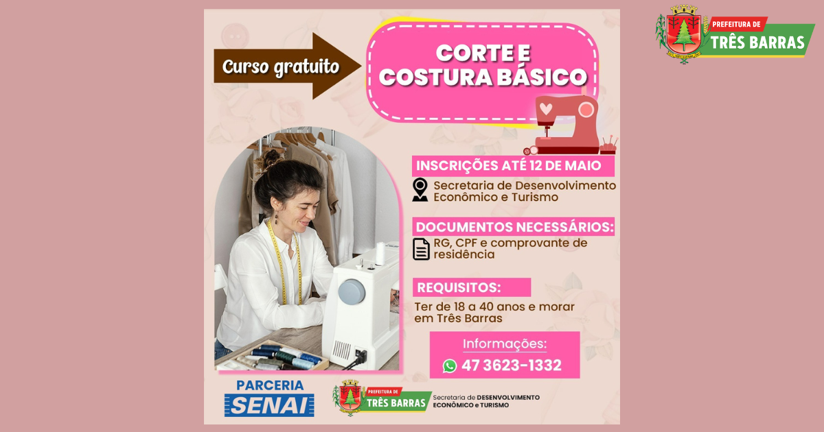 Oportunidade: inscrições para curso de corte e costura básico começam nesta segunda-feira, 24