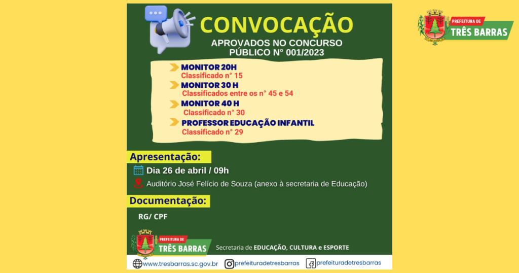 Prefeitura faz nova chamada de aprovados para monitor 20h, 30h e 40h e professor de educação infantil