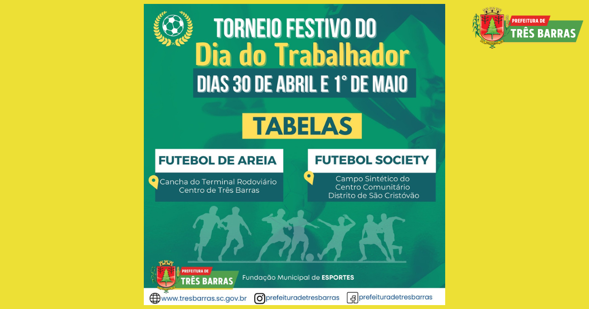 Torneios de Futebol alusivos ao Dia do Trabalhador reunirão 21 equipes em Três Barras