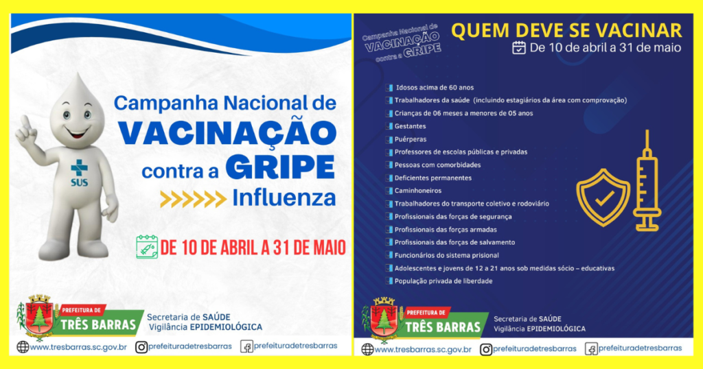 Unidades de saúde de Três Barras começam vacinar contra a gripe na próxima segunda-feira, 10