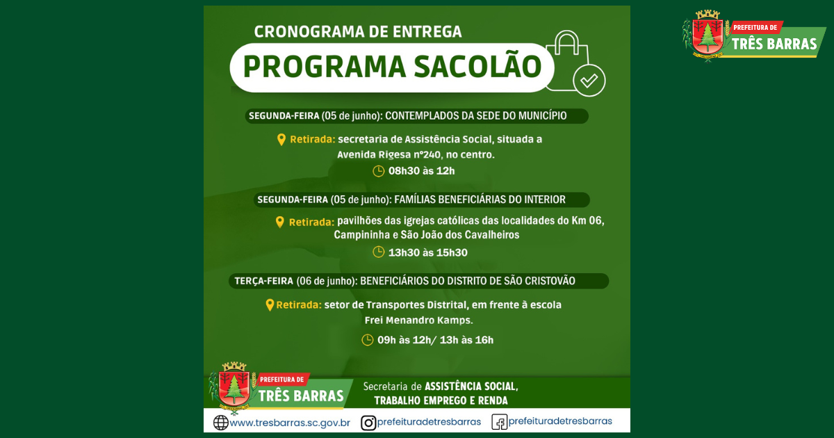 Beneficiários receberão sacolões na próxima segunda e terça-feira em Três Barras