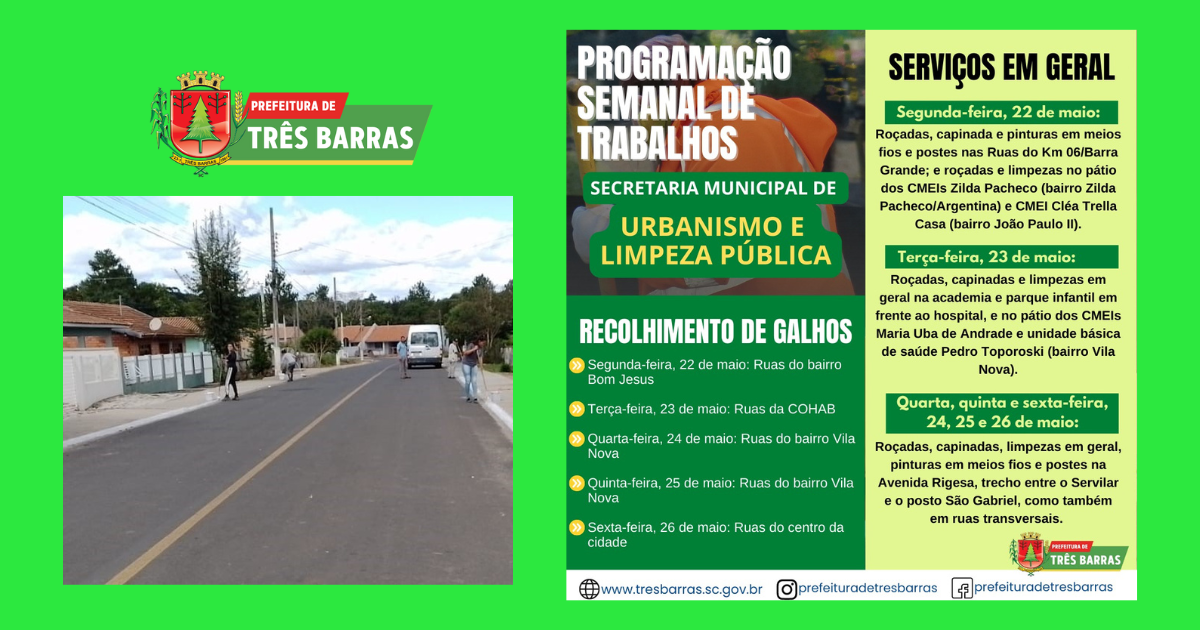 Confira o cronograma de atividades semanal da secretaria municipal de Urbanismo e Limpeza Pública