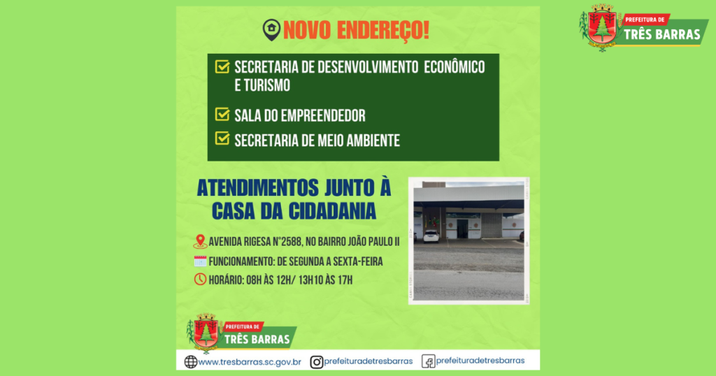 Duas secretarias municipais e a Sala do Empreendedor de Três Barras estão atendendo em novo endereço