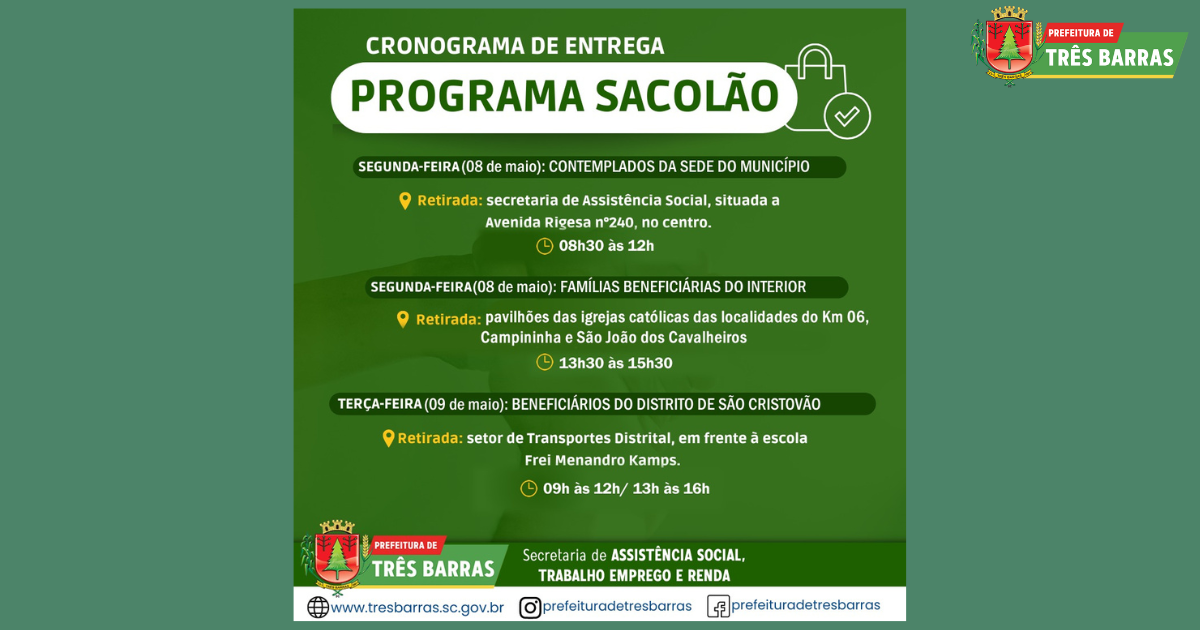 Entrega dos sacolões acontece na segunda e terça da próxima semana em Três Barras