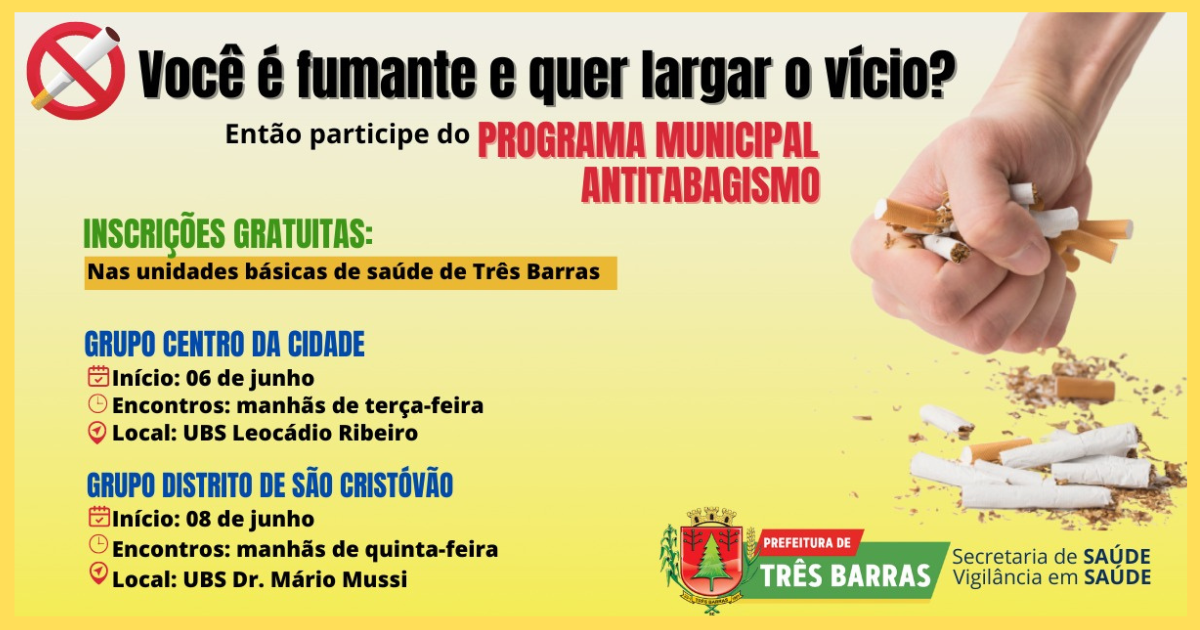 Saúde de Três Barras abre inscrições para encontros do programa municipal antitabagismo