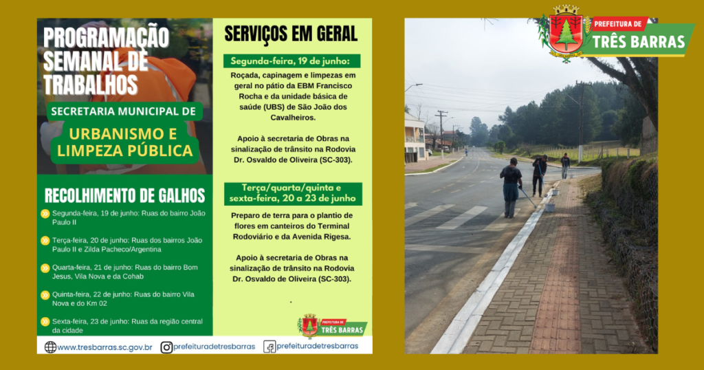 Confira o cronograma de ações da secretaria de Urbanismo e Limpeza Pública para esta semana