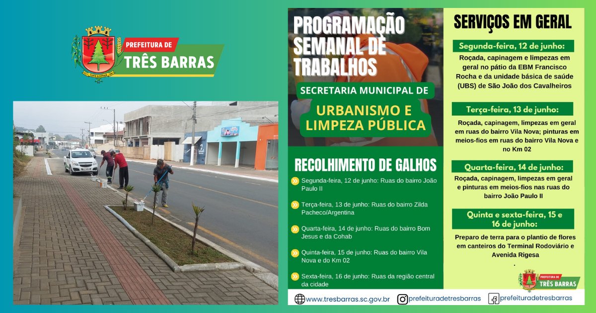 Fique atento à programação semanal de trabalhos da secretaria municipal de Urbanismo e Limpeza Pública