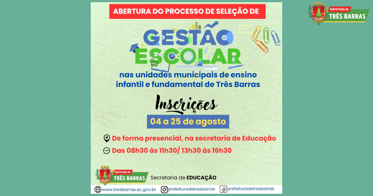 Município de Três Barras lança edital para processo de seleção do Plano de Gestão Escolar para unidades de ensino infantil e fundamental