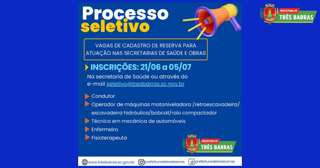 Processo seletivo: Três Barras abre vagas para cadastro de reserva para cargos nas secretarias de Saúde e Obras