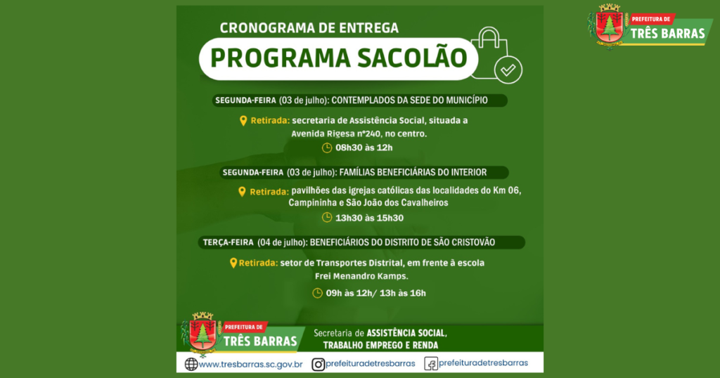 Sacolões serão entregues na segunda e terça-feira da próxima semana em Três Barras