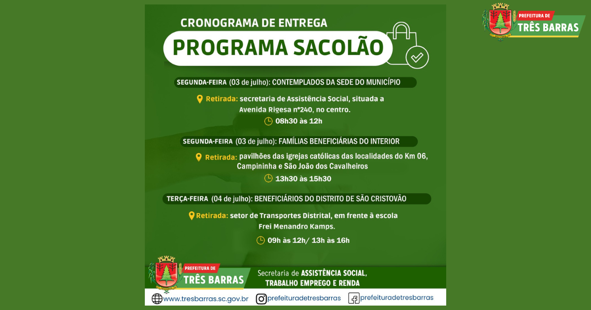 Sacolões serão entregues na segunda e terça-feira da próxima semana em Três Barras