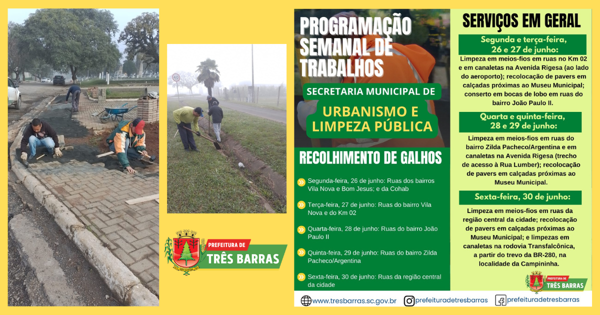 Saiba o que consta no cronograma de atividades da secretaria de Urbanismo e Limpeza Pública para esta semana