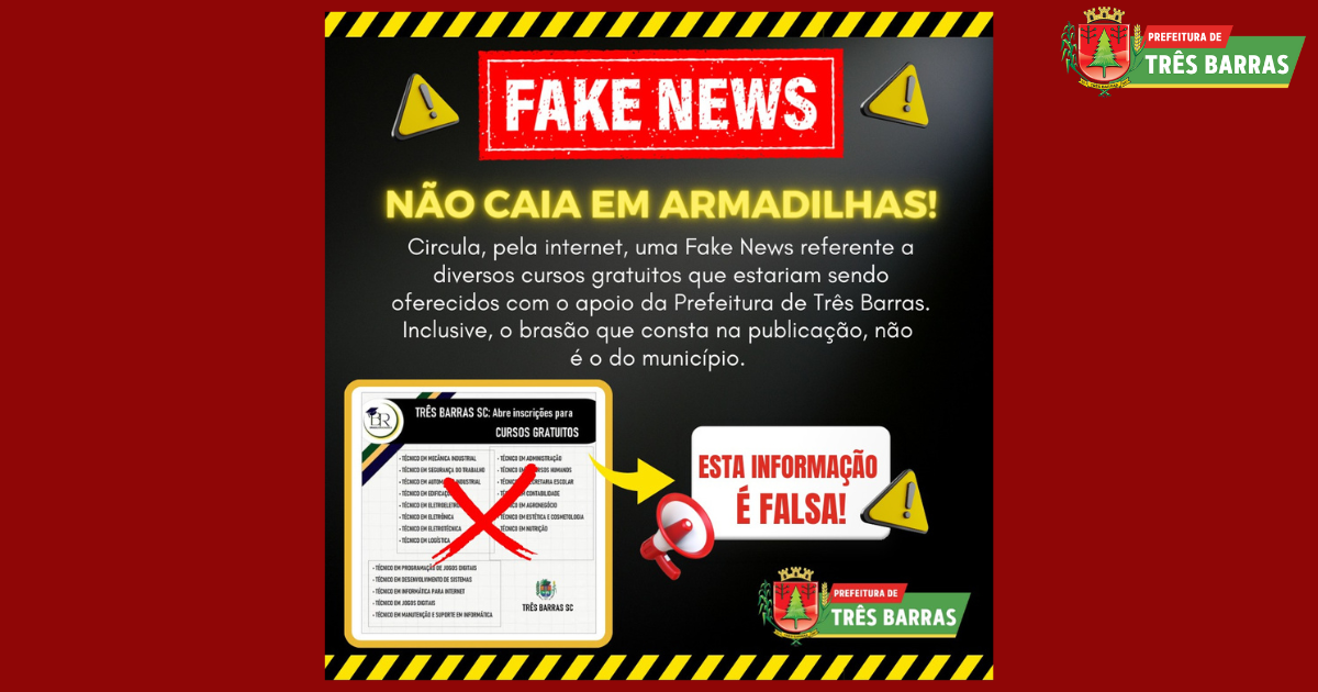 Alerta de Fake News sobre cursos gratuitos ofertados com o apoio da Prefeitura de Três Barras
