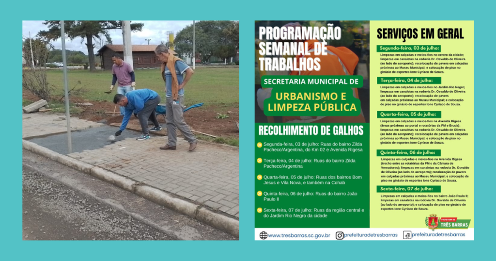 Atenção para o cronograma de atividades da secretaria municipal de Urbanismo e Limpeza Pública para esta semana