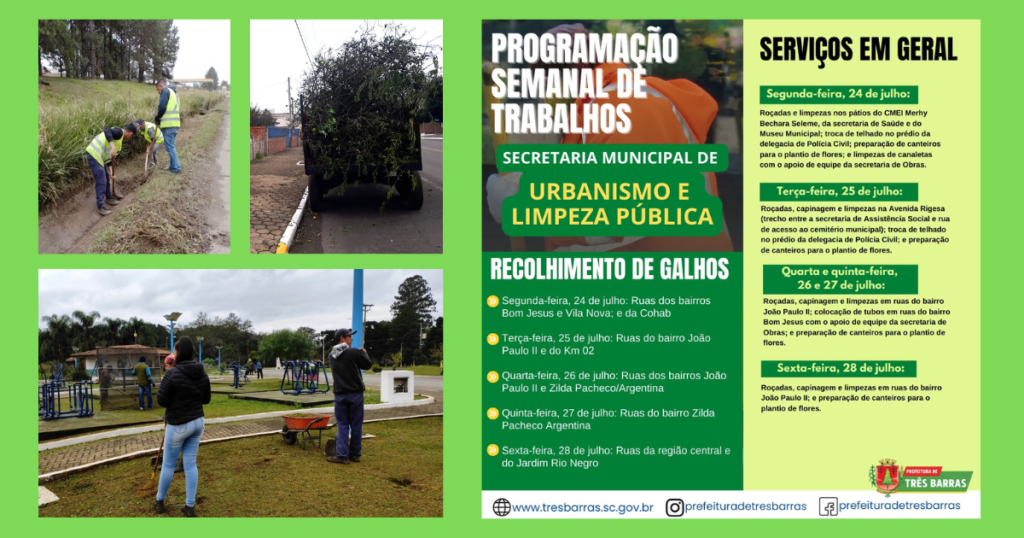 Confira a programação semanal de trabalhos da secretaria de Urbanismo e Limpeza Pública