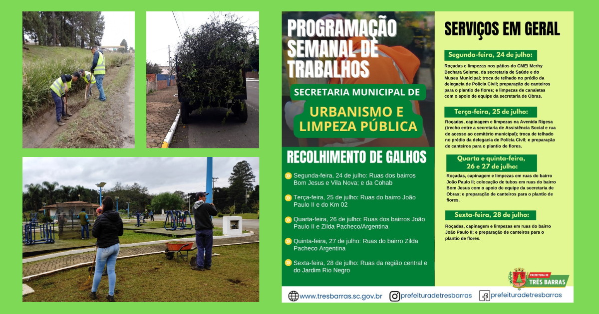 Confira a programação semanal de trabalhos da secretaria de Urbanismo e Limpeza Pública