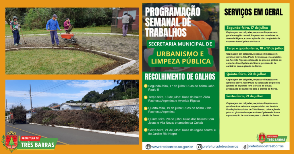 Saiba como será a programação da secretaria municipal de Urbanismo e Limpeza Pública para esta semana