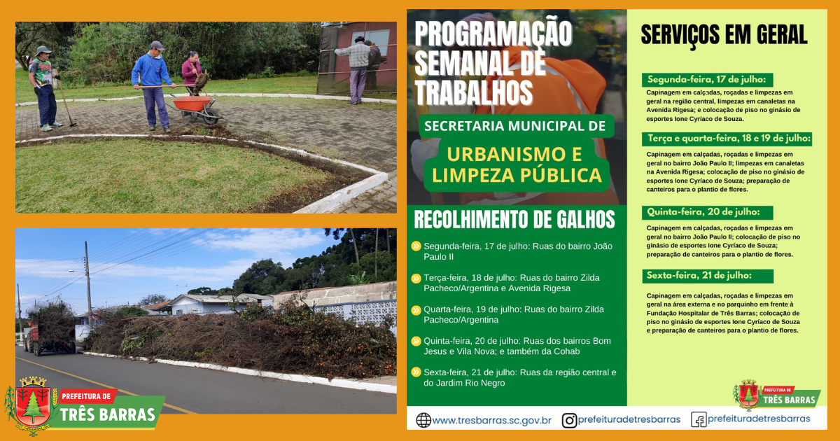 Saiba como será a programação da secretaria municipal de Urbanismo e Limpeza Pública para esta semana