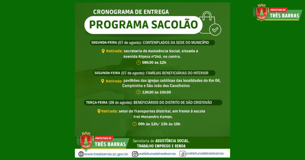 Atenção beneficiários: sacolões serão entregues na segunda e terça, dias 07 e 08 de agosto