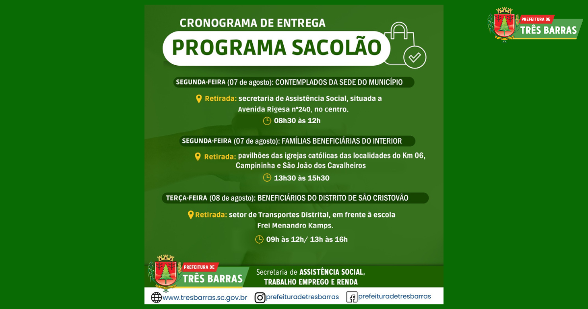 Atenção beneficiários: sacolões serão entregues na segunda e terça, dias 07 e 08 de agosto