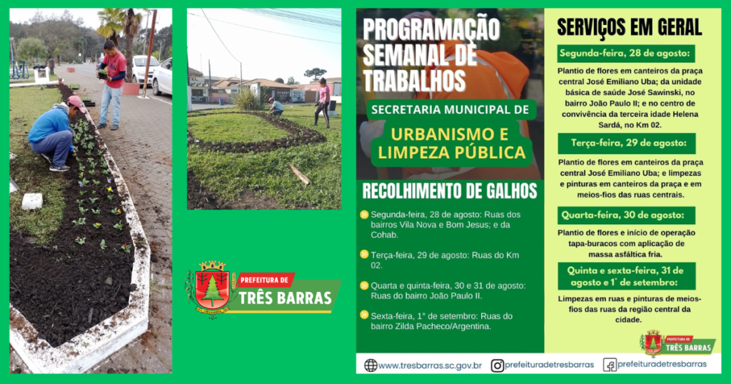Atenção para a programação de trabalhos da secretaria de Urbanismo e Limpeza Pública
