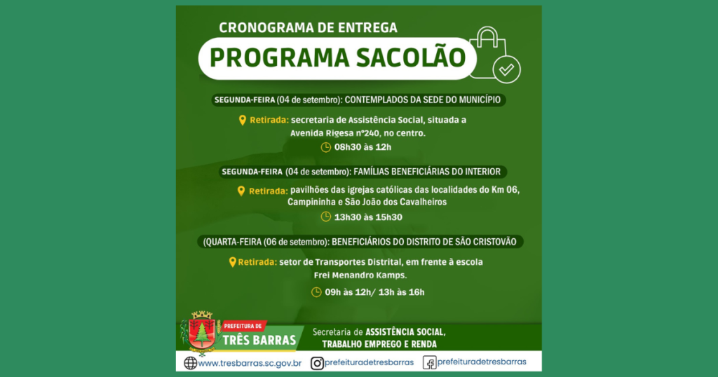 Cestas básicas do programa Sacolão serão entregues na segunda e quarta-feira, dias 06 e 08 de setembro