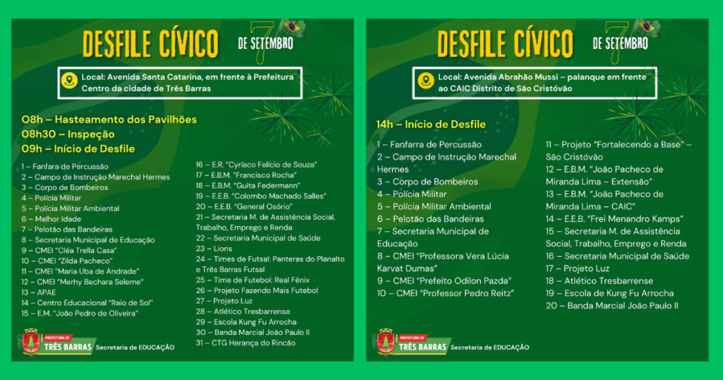Confira a programação dos dois desfiles cívicos do dia 07 de setembro em Três Barras
