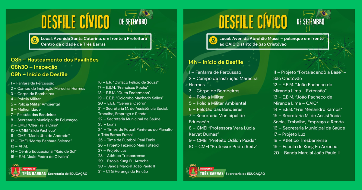 Confira a programação dos dois desfiles cívicos do dia 07 de setembro em Três Barras
