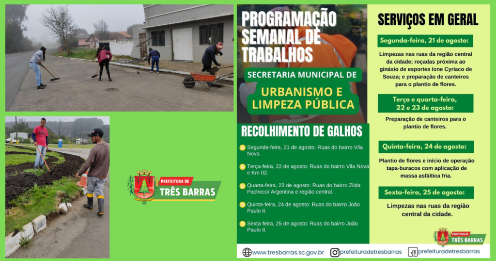 Confira o cronograma de trabalhos da secretaria de Urbanismo e Limpeza Pública para esta semana