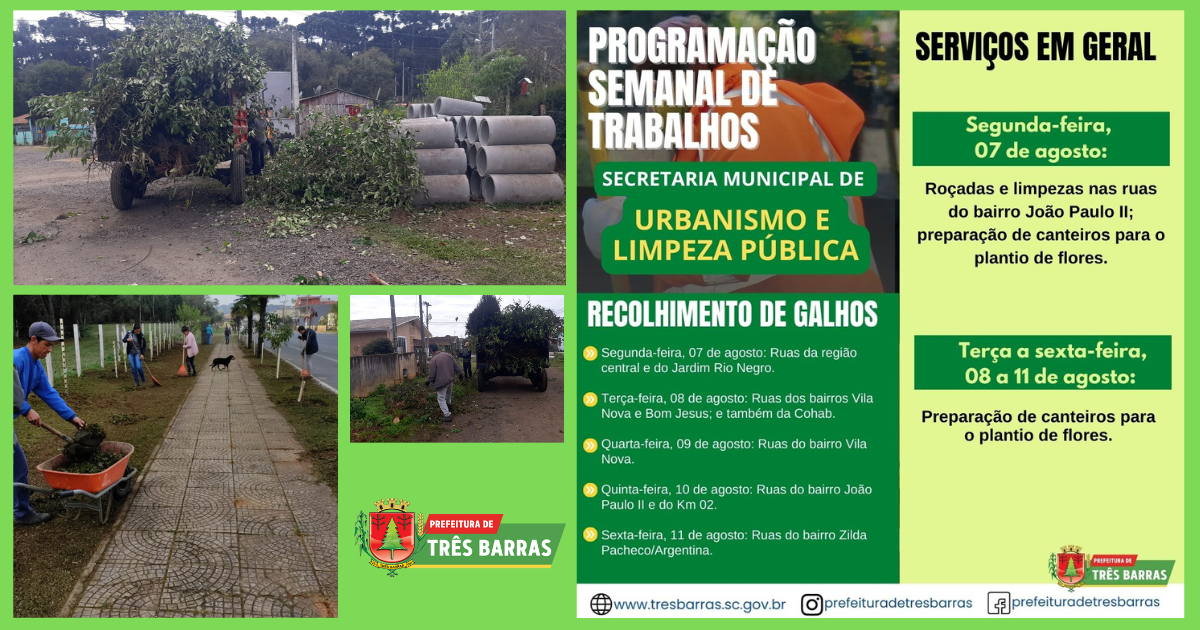 Cronograma de ações da secretaria de Urbanismo e Limpeza Pública para esta semana