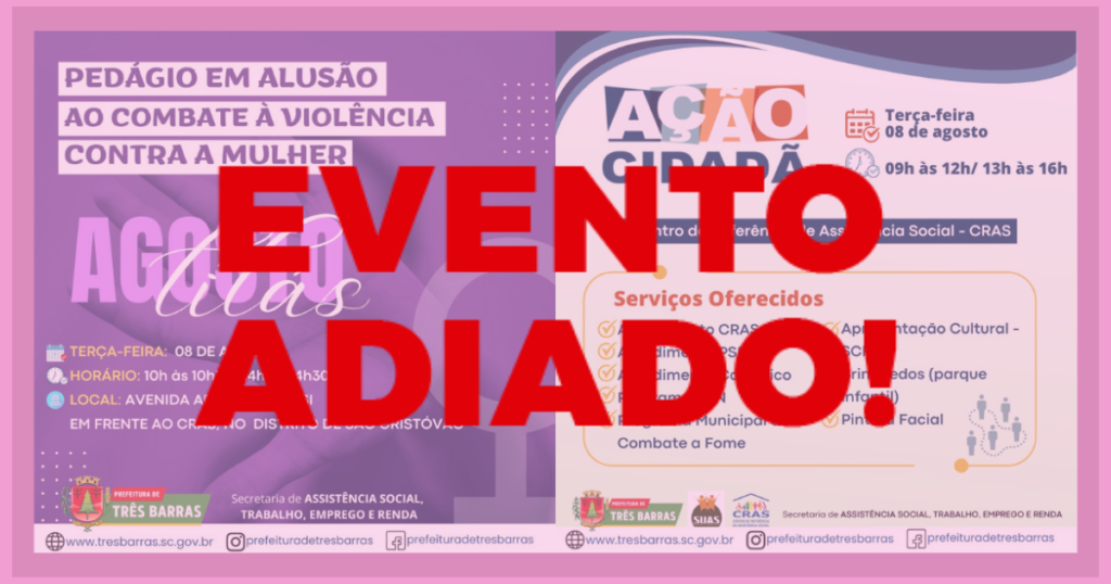 Previsão de chuvas motiva adiamento de ações alusivas à Campanha Agosto Lilás que aconteceriam nesta terça-feira Previsão de chuvas motiva adiamento de ações alusivas à Campanha Agosto Lilás que aconteceriam nesta terça-feira