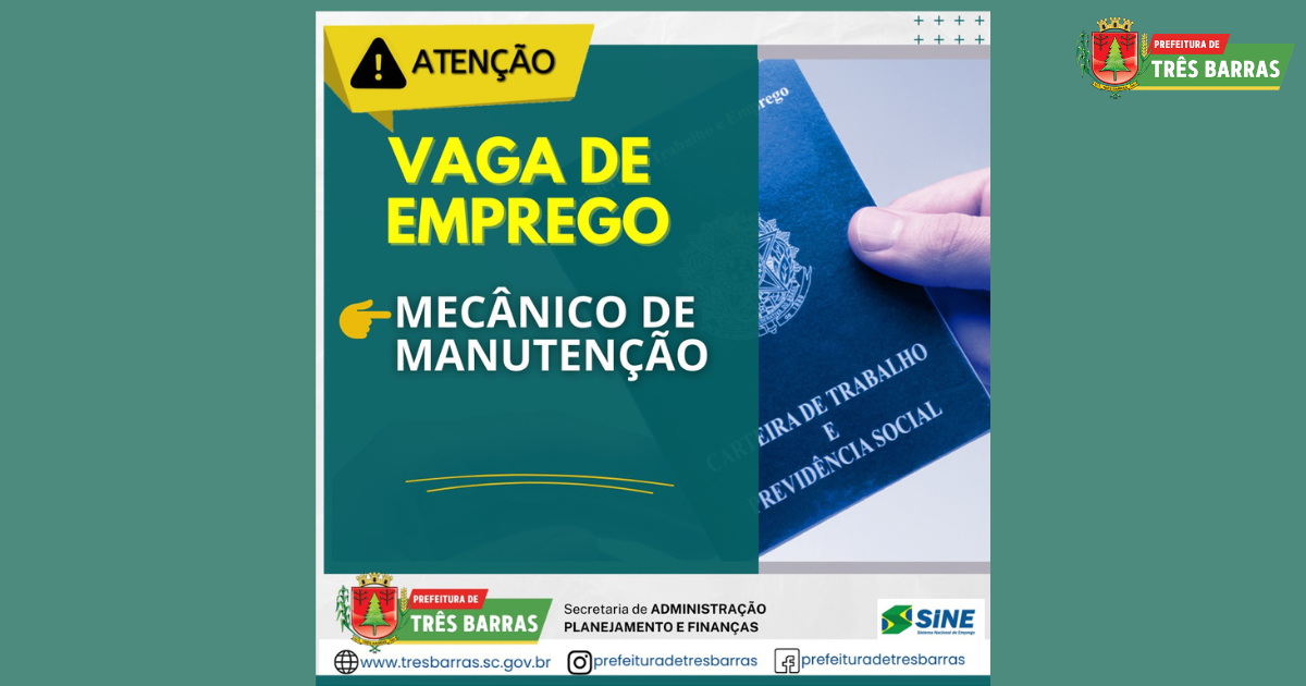 SINE de Três Barras dispõe de uma vaga para mecânico de manutenção
