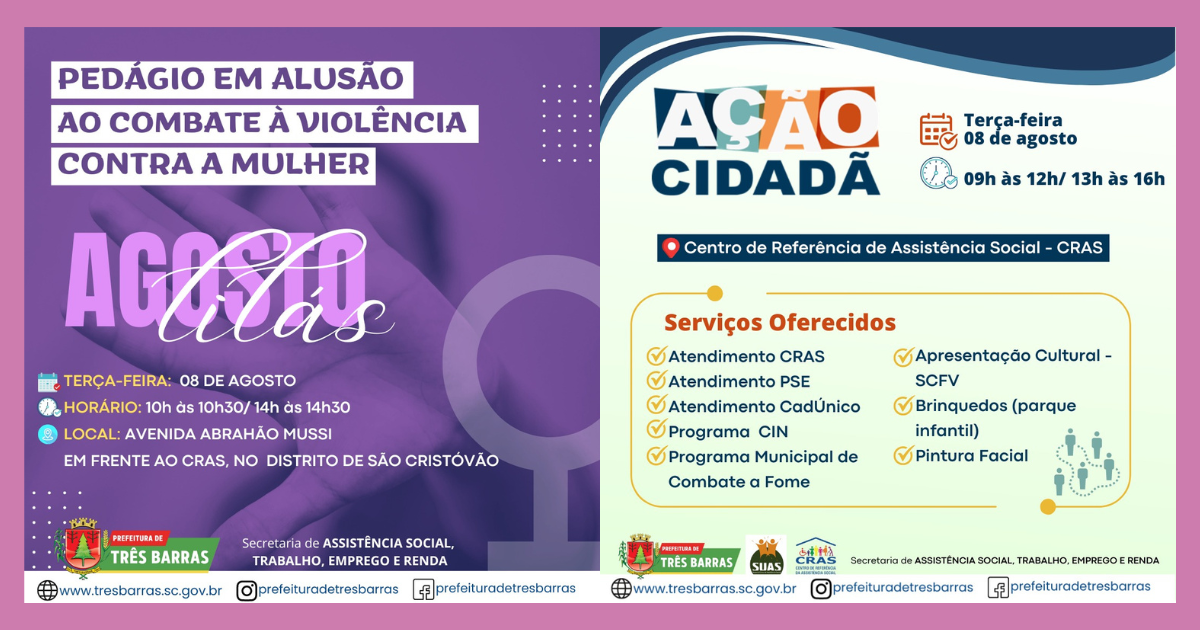 Três Barras terá pedágio e “Ação Cidadã” para promover campanha de enfrentamento à violência contra a mulher